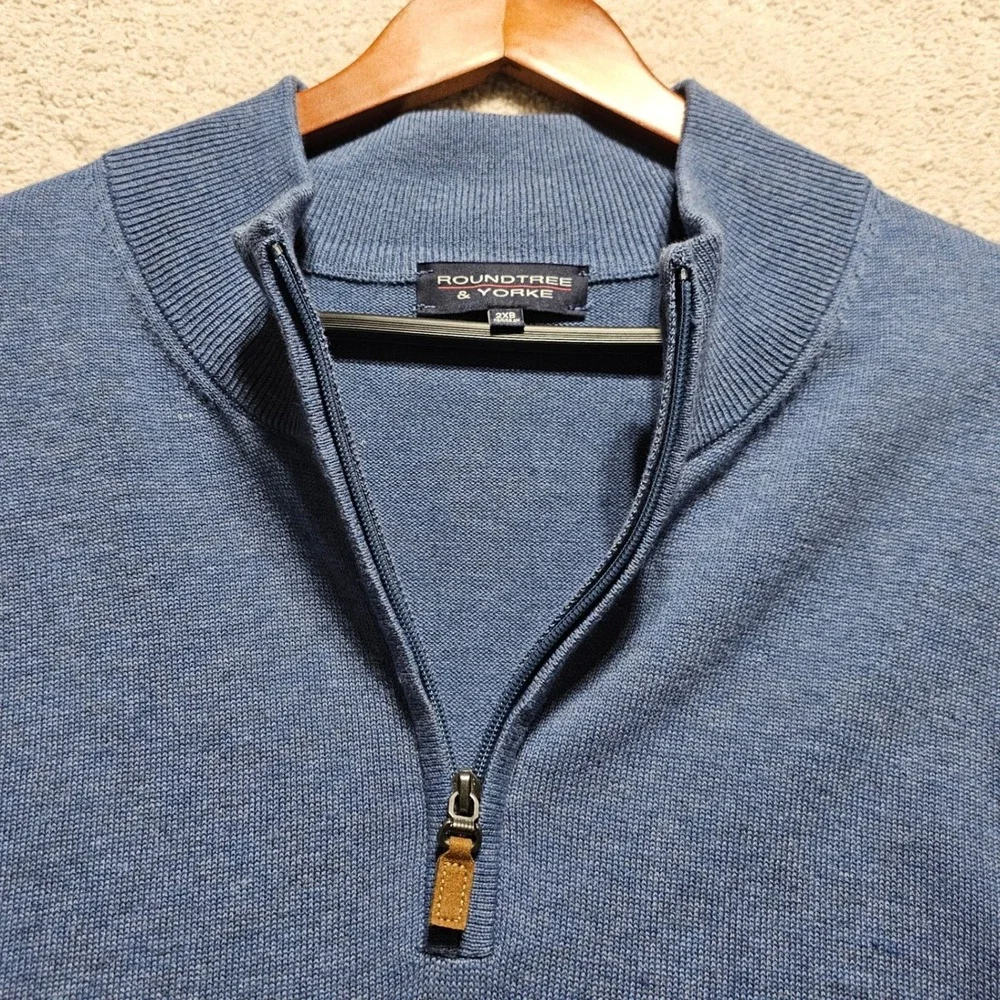 Roundtree & Yorke Mens 2XB Blue Quarter Zip Pullover Sweater Cotton Blend - Picture 3 of 11